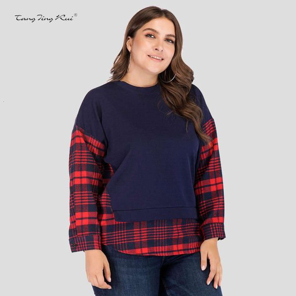 

2020 new fat mm fashion autumn loose size women's clothing stitching classic plaid leisure long sleeve t-shirt 05627, Black;gray