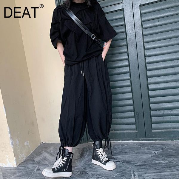 

deat] high elastic waist black drawstring pleated trousers new loose fit pants women fashion tide spring summer 2020 13r3171, Black;white