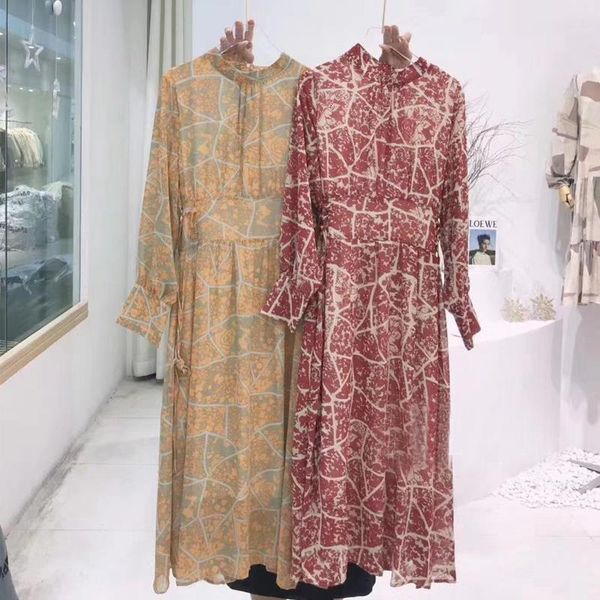 

2021 spring floral printing chiffon dress women long sleeve midi dress korean clothes lace up waist back zipper, Black;gray