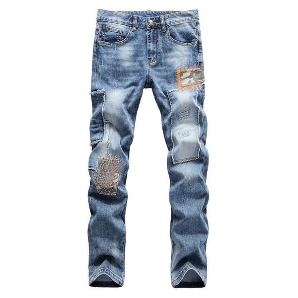 

men's patchwork jeans embroidered blue stretch denim pants slim straight trousers
