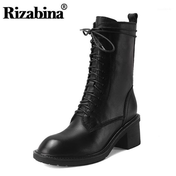 

boots rizabina real leather women half short cross strap thick heel zipper shoes warm party footwear size 34-401, Black