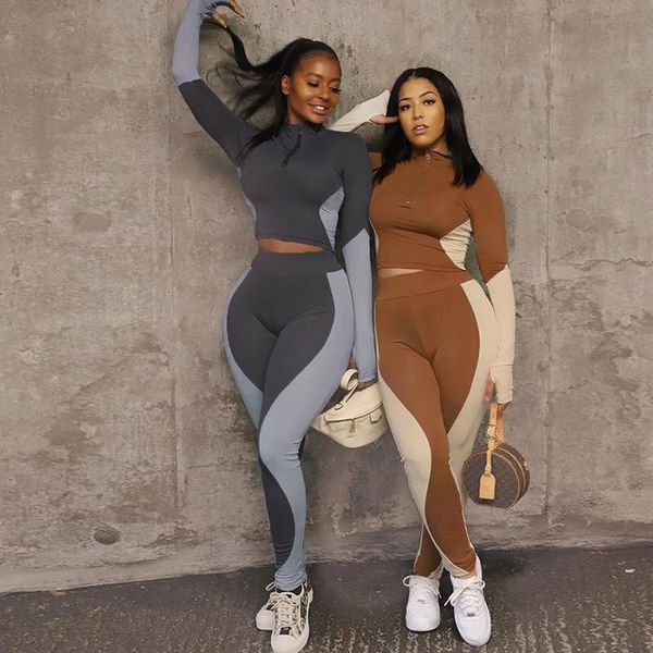 

spring patchwork elastic two piece sets women workout turtleneck zipper high waist pants active casual skinny tracksuits, Gray