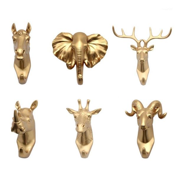 

6 pcs wall mounted resin animal head hook hanger holder home room decorative gold1