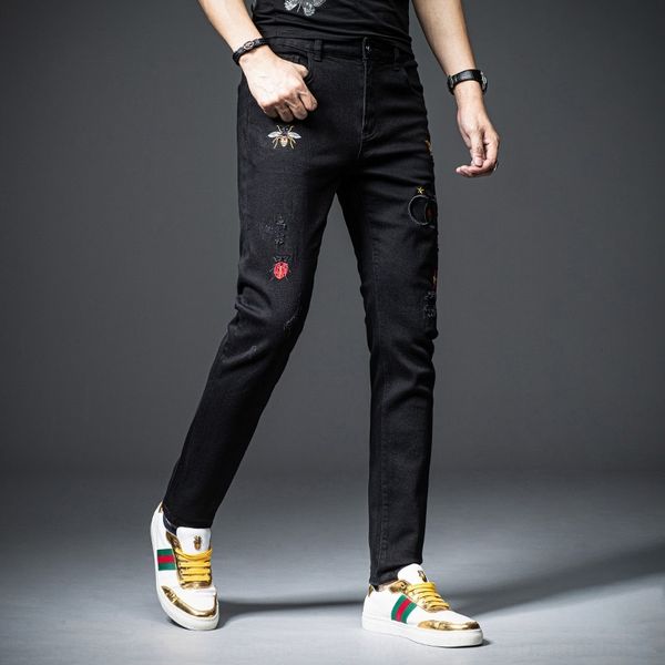 

pfouy 20 плотно тонкие джинсы узкие брюки упругой осени новых микро лет вышивка джинсы мужские брюки личности личность сломанной отверстие y, Blue