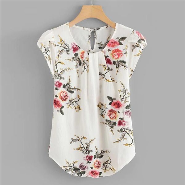 

blouses for women casual round neck basic floral pleated cap short sleeve shirt women blouse ladies ropa mujer, White