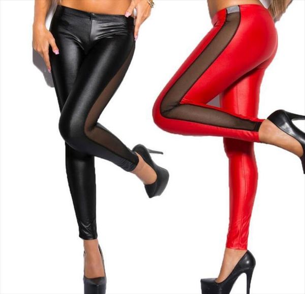 

женщина jeggings сексуальная сторона сетки через мясо имитация имитация кожи сшивание леггинсы женщина jeggings l1090, Black