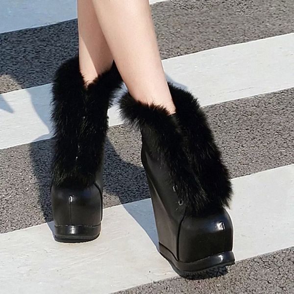 

women boots 2019 winter faux fur fashion wedges heels shoes woman boots platform warm snow luxury ladies ankle boot black #h00d
