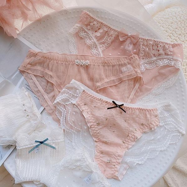 

women's panties underpants women japanese teen girl sweet small fresh net yarn lace trim bowknot solid color briefs three pack1, Black;pink