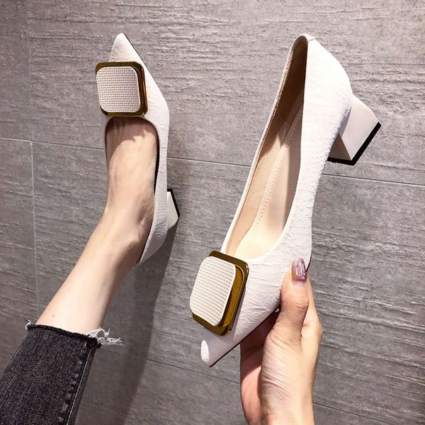 

feiyitu pointed shallow mouth square buckle work simple fashion thick heel single shoes women commute versatile comfortable high heels, White;red