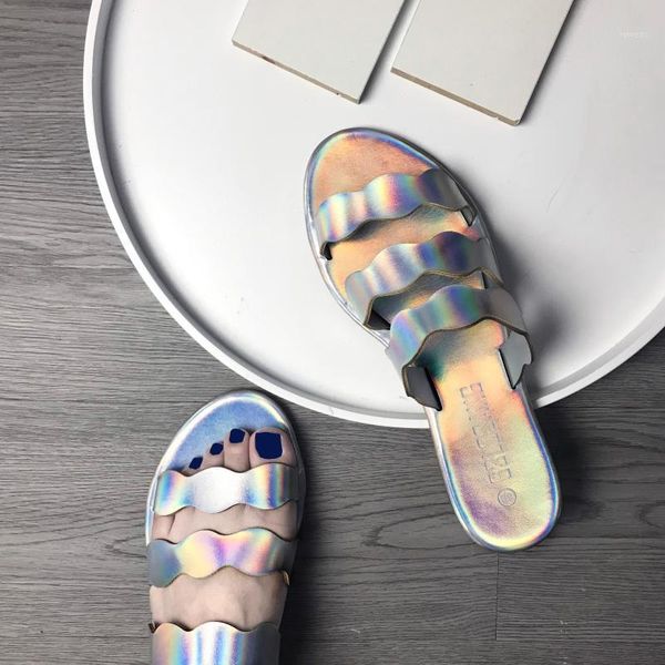 

wearing slippers female summer net red ins tide 2020 new fashion wild flat bottom laser beach sandals and slippers silver1, Black