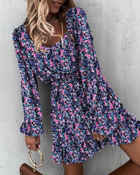 

elegant square collar backless mini dress 2020 autumn spring long sleeve ruffle a-line boho women floral print party dres, Black