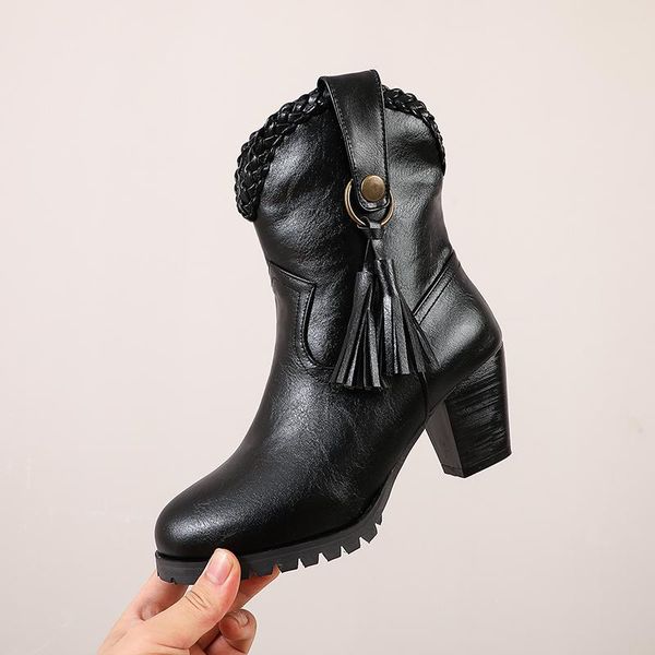 

plus size 48 new fashion women ankle boots high heels platform motorcycle boots fashion buckle brown ladies shoes, Black