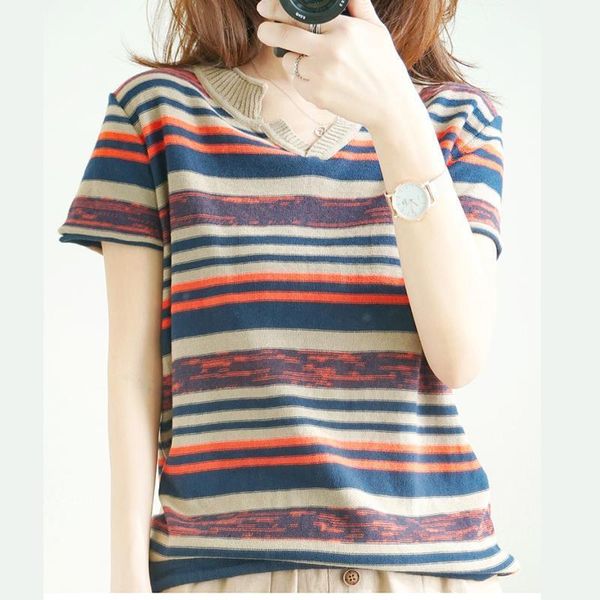 

thin summer striped v neck women sweater knitted bow elastic 2021 short sleeve fashion woman clothes sweater womens pullovers, White;black