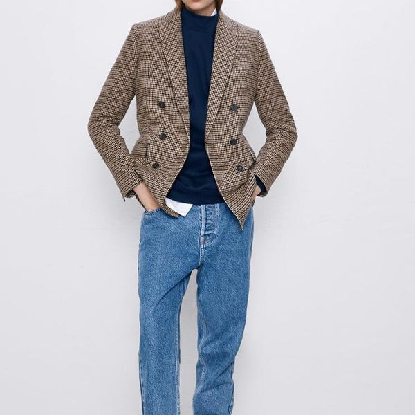 

women elegant plaid blazer suit long sleeve double breasted slim checked coat formal office work jacket houndstoot outerwear1, White;black