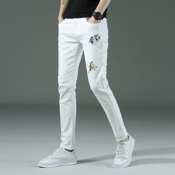 

embroidered men's jeans and jeans spring and summer black men's straight tube korean style slim stretch ankle pants fashion trend, Blue