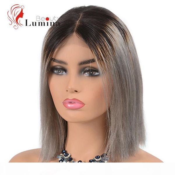 

short bob wig 4x4 lace closure wig pre plucked t1b grey ombre human hair pre plucked brazilian virgin hair straight, Black;brown