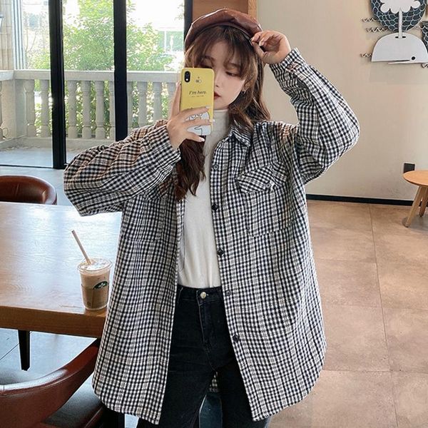 

plus size women's flannel blouses 2020 spring autumn plaid loose shirt blouses female long sleeve casual shirt blusas mujer, White