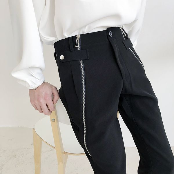 

new fashion casual men's male original zipper design sense cropped pants slim drape stylist pants trend trousers 201110, Black