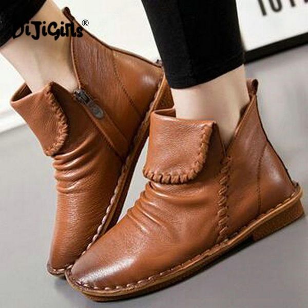 

boots genuine leather women fashion zipper handmade round toes low heel ankle shoes, Black