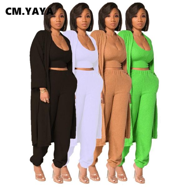 

cm.yaya blends three 3 pieces set women fall winter fitness outfits cloak + tank + pants suits overalls active fleece tracksuit, Gray