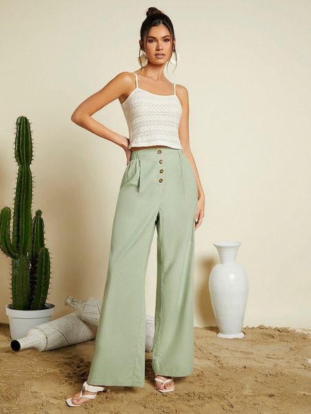 

button fly wide leg pants n3ua#, Black;white