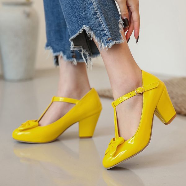 

meotina high heels women pumps patent leather bow block high heel t-strap shoes buckle round toe party shoes lady red size 33-46 t200525, Black
