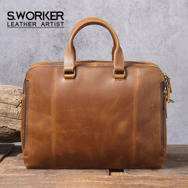

s.worker vintage genuine leather men's briefcase cowhide lapmessenger bag crazy horse leather handbag retro shooulder bag