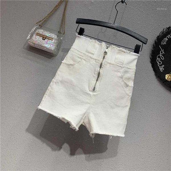 

2020 shorts straight high waist jeans woman regular softener vintage washed bleached zippers pockets cotton punk style1, Blue