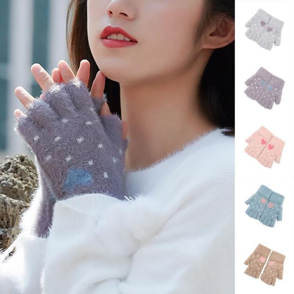 

five fingers gloves women cute winter knitted soft multifunctional warm plush mitten extra-warm fleece christmas, Blue;gray