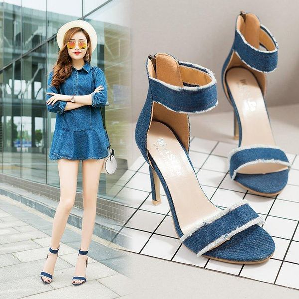 

2020 summer women's sandals 10cm fine heeled open toe denim small fresh sandals new, Black