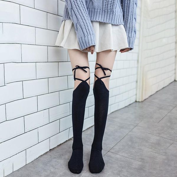 

lolita bandage stocking women cotton high knee socks thigh white black fashion long stockings girls dress calcetine medias1, Black;white