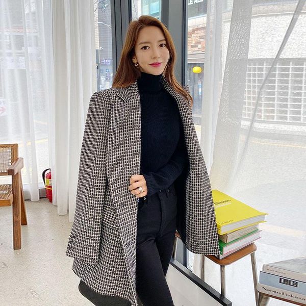 

fashion women spring autumn plaid blazers jackets female korean slim suits coat chic office ladies tweed blazer outerwear wb891, White;black