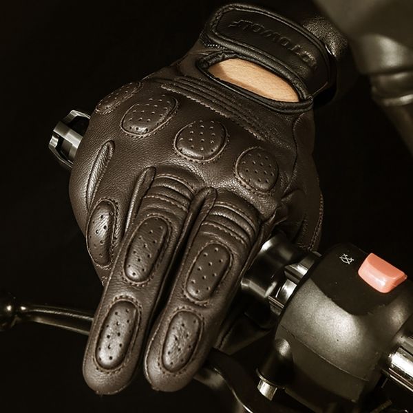 

full finger motorcycle goat skin leather gloves men' vintage protective breathable holes motorbike mitts for outdoor riding, Blue;gray