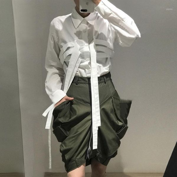 

korea 2019 autumn and winter new chest ribbon long-sleeved cotton lapel solid color single-breasted shirt women woman b5821, White