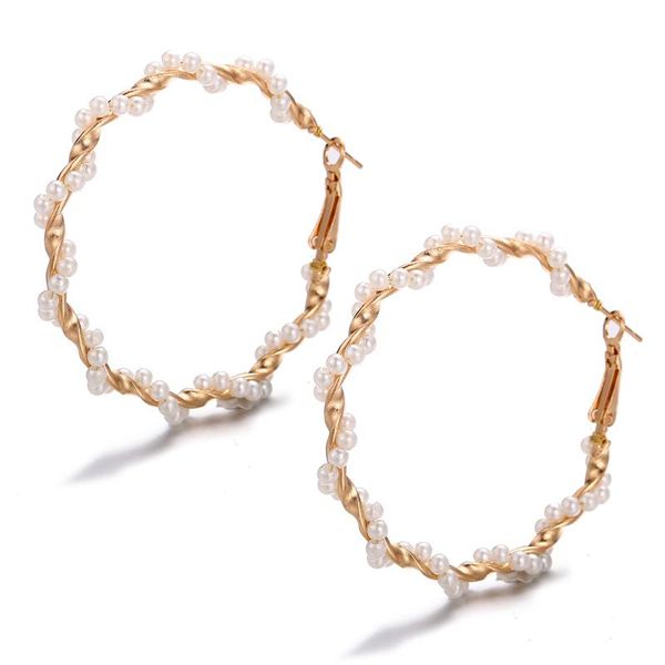 

limario women elegant white simulated pearls statement earrings big circle round metal gold hoop earrings nightclub jewelry, Golden;silver