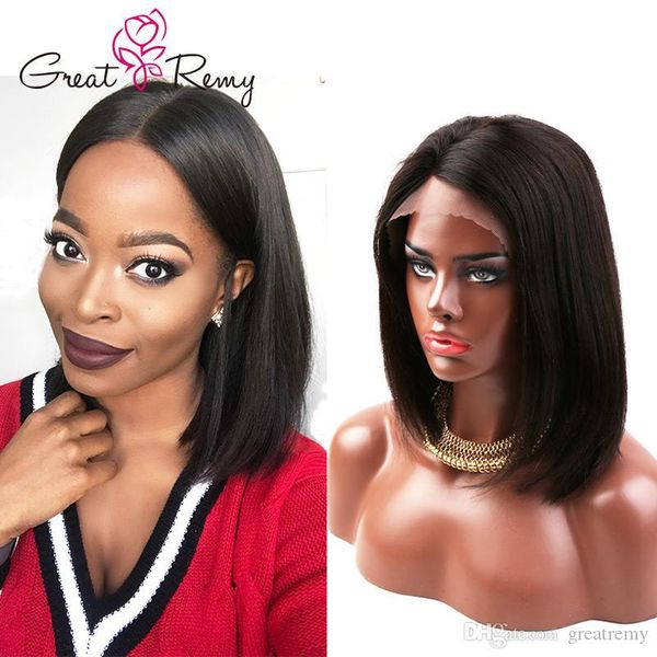 

greatremy virgin human hair full lace wig bob cut straight high density 130%150%180% lace front wig medium brown cap size wig for women, Black;brown
