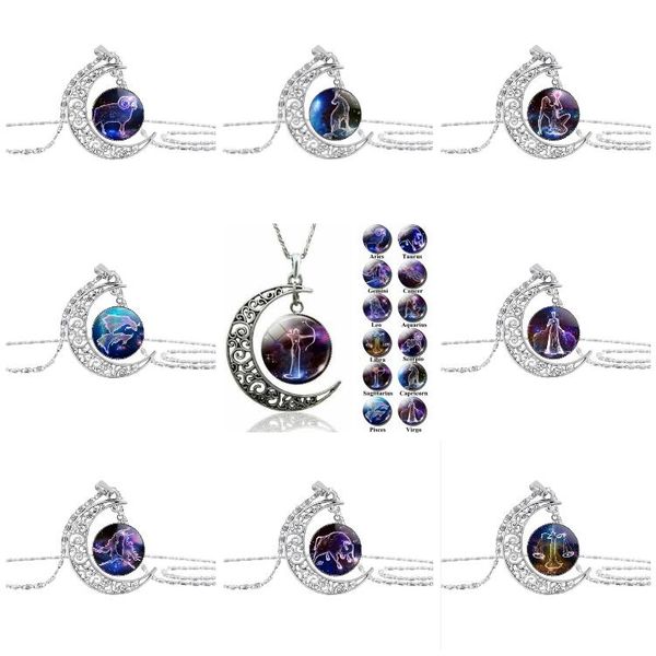 

men's women's 12 horoscope zodiac sign time gemstone pendant necklace aries leo wholesale dropshipping 12 constellations jewelry d, Silver
