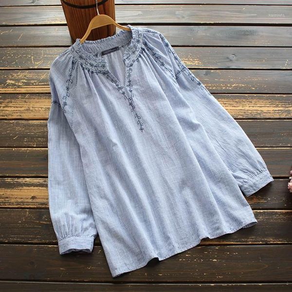 

autumn stripe shirt zanzea women floral embroidery blouse bohemian v neck long sleeve casual loose vintage blusas plus size1, White