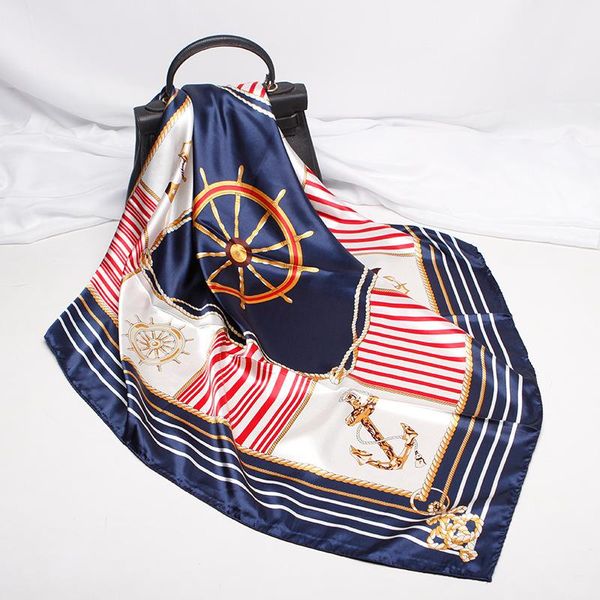 

2021 90x90 ship rudder multipurpose women silk twill scarf satin square tie hairband ladies foulard femme towel bufanda shawl, Blue;gray