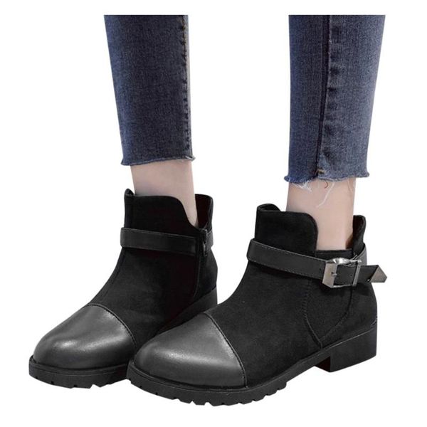 

sagace shoes women winter boots fashion round buckle strap sapatos das mulheres mixed color square heels ankle boots for women, Black