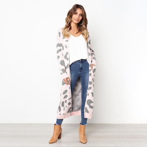 

leapord print sweater women cardigan autumn winter long sleeve knitted outwear casual loose long sweater jacket streetwear1, White;black