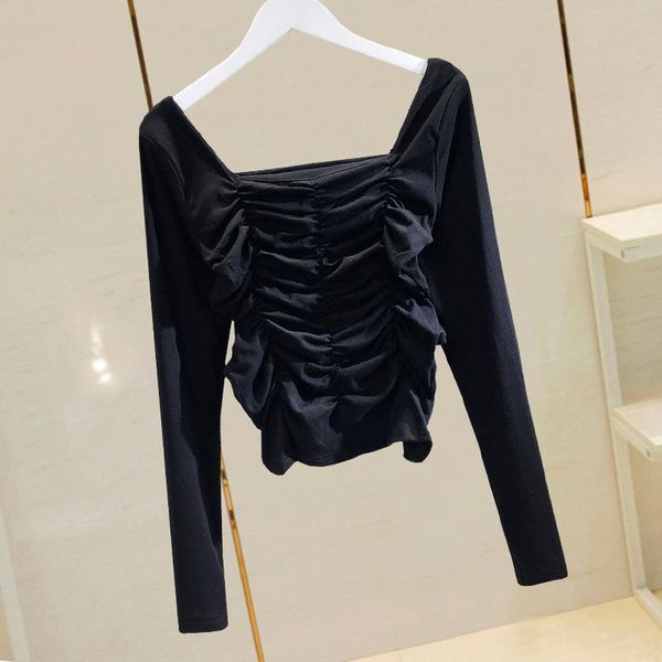 

women's t-shirt 2021 pleated long-sleeved tight-fitting slimming square neck bottoming shirt women 1015, White
