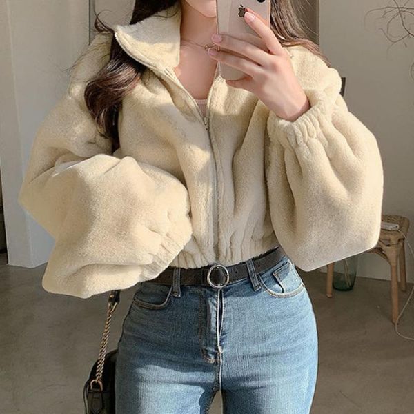 

faux fur coat women long sleeve turn down collar warm fluffy cropped jacket ladies short zipper overcoat dames kleding winter, Black;brown