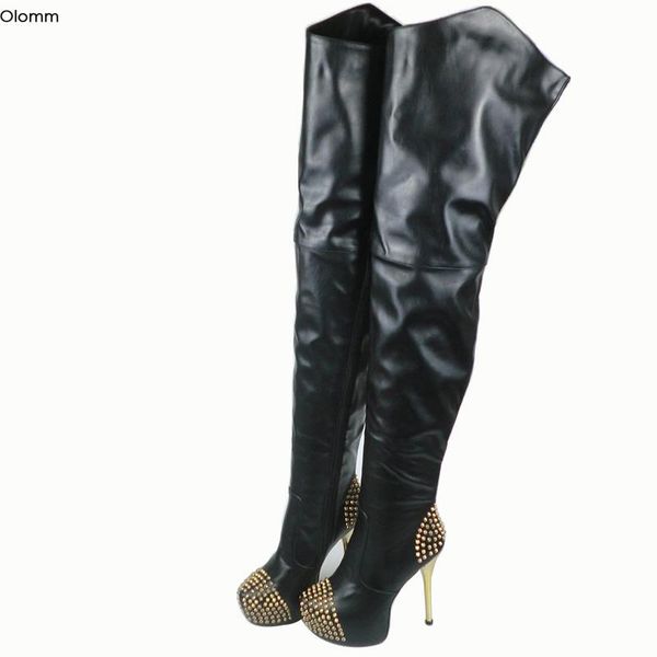 

olomm women thigh high boots stiletto heels boots stud pointed toe gorgeous black night club shoes women plus us size 5-15
