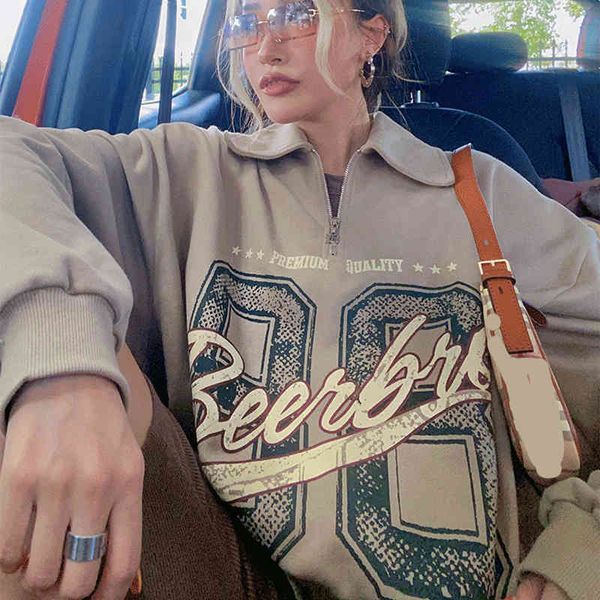 

vintage y2k half zipper polo collar college style hoodie women spring autumn letter embroidery oversize anime hip-hop sweatshirt, Black