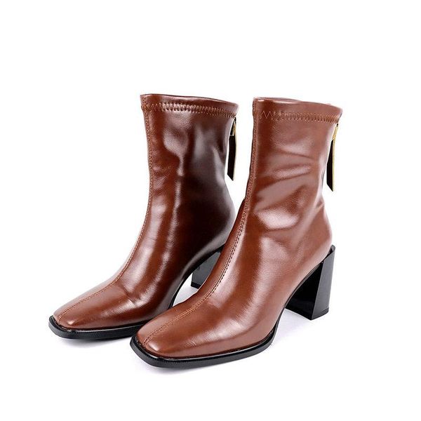 

retro riding boots woman fashion zippers chunky high heel ankle boots black beige brown zipper winter shoes women