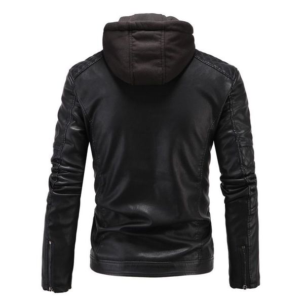 

fashion hooded pu leather jacket men british fleece lining warm coat rock overcoats loose fit jaqueta motoqueiro, Black