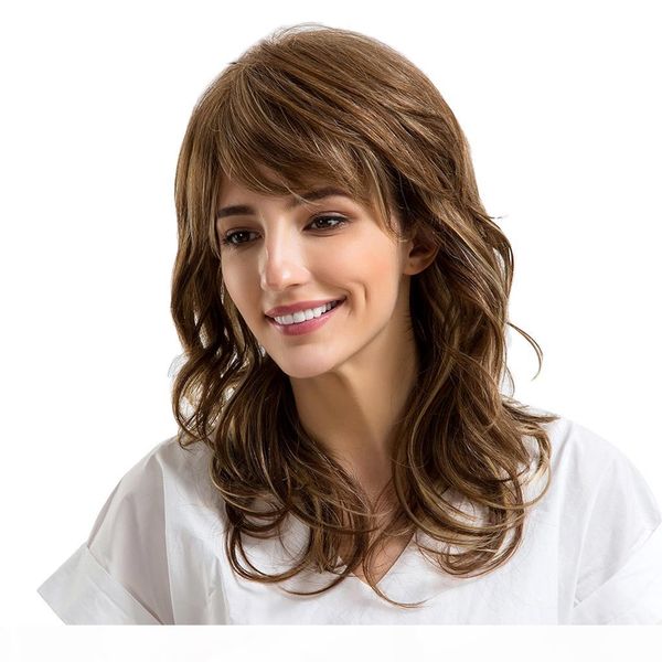 

45 cm natural fluffy wavy loose wave layer wig for women human hair coffee, Black
