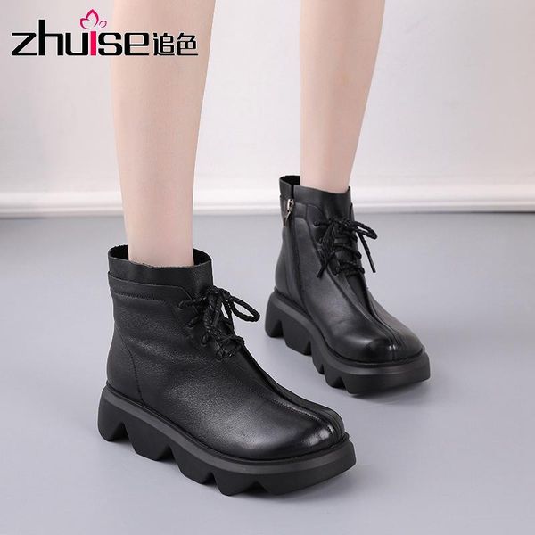

autumn and winter leather thick-soled women's single boots waterproof platform increased ankle cowhide, Black