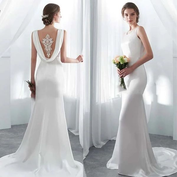 

modern wedding dresses with jewwl sleeve-less applique race backless wedding dress custom made with satin vestidos de novia, White